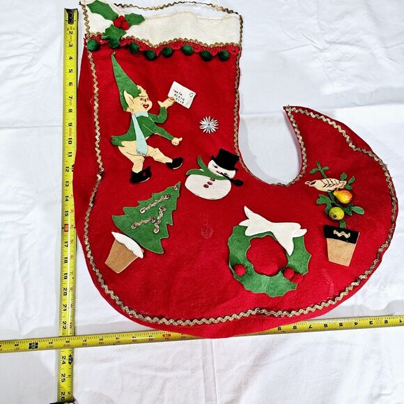 Vintage Large 22" Felt Pompoms Pixie Elf Christmas Stocking Tree Snowman 1960s - Picture 2 of 15